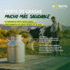 Tarro de leche de vacas libres a pastoreo Ecoterra mostrando infografía sobre mayor contenido de Omega-3 y CLA para la salud cardiovascular e inmunológica.