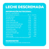 Tabla de información nutricional de la Leche Descremada Ecoterra de vacas libres a pastoreo, detallando 70,1 Kcal, 6,94g de proteína y 31% de la dosis diaria de calcio por vaso de 200 ml.