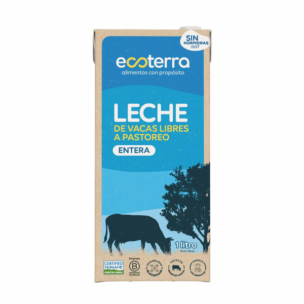 Caja de 1 Litro de Leche Entera Ecoterra de vacas libres a pastoreo, certificada Certified Humane, sin hormonas rbST y con trazabilidad Blockchain.