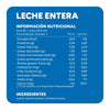 Tabla de información nutricional de la Leche Entera Ecoterra mostrando 6,49g de proteína, 126 Kcal y 29% de la dosis diaria recomendada de calcio por vaso de 200 ml.