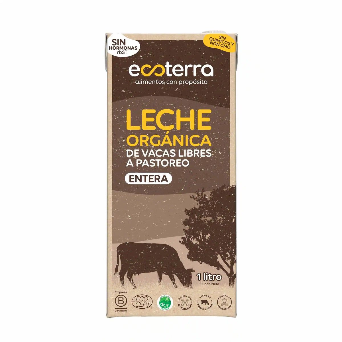 Caja de 1 litro de leche orgánica entera Ecoterra de vacas libres a pastoreo, envase tetrapak, certificada Certified Humane, sin hormonas rbST ni transgénicos.
