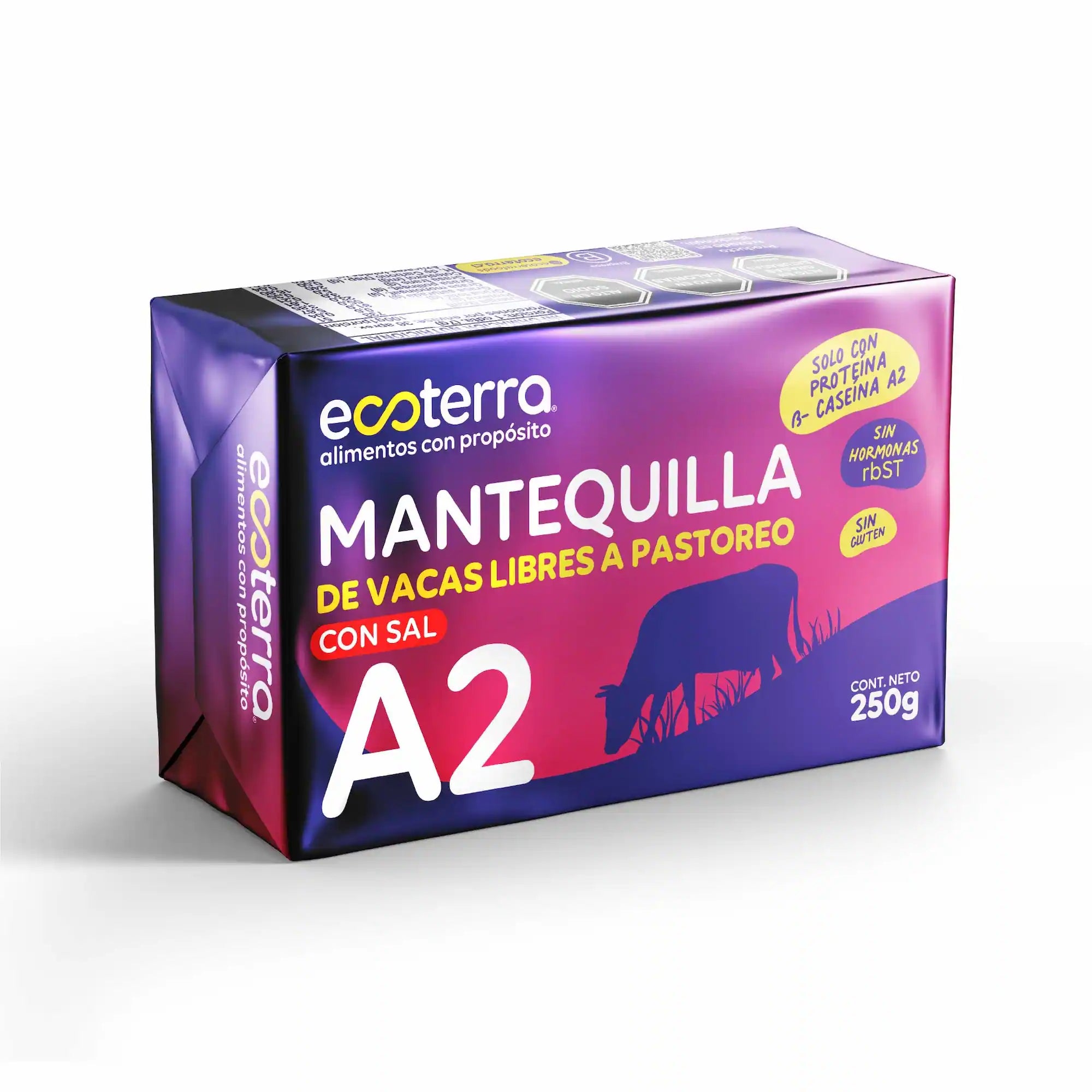 Barra de Mantequilla Ecoterra A2 con sal de 250g, elaborada con leche de vacas libres a pastoreo y proteína beta-caseína A2 de fácil digestión, en empaque azul marino y morado.