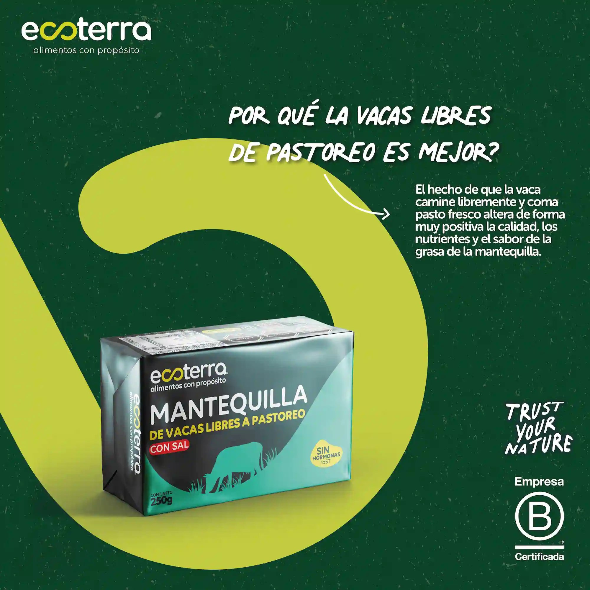 Infografía de Mantequilla Ecoterra de vacas libres a pastoreo con sal de 250g, explicando por qué el consumo de pasto fresco mejora la calidad, los nutrientes y el sabor de la grasa de la mantequilla.