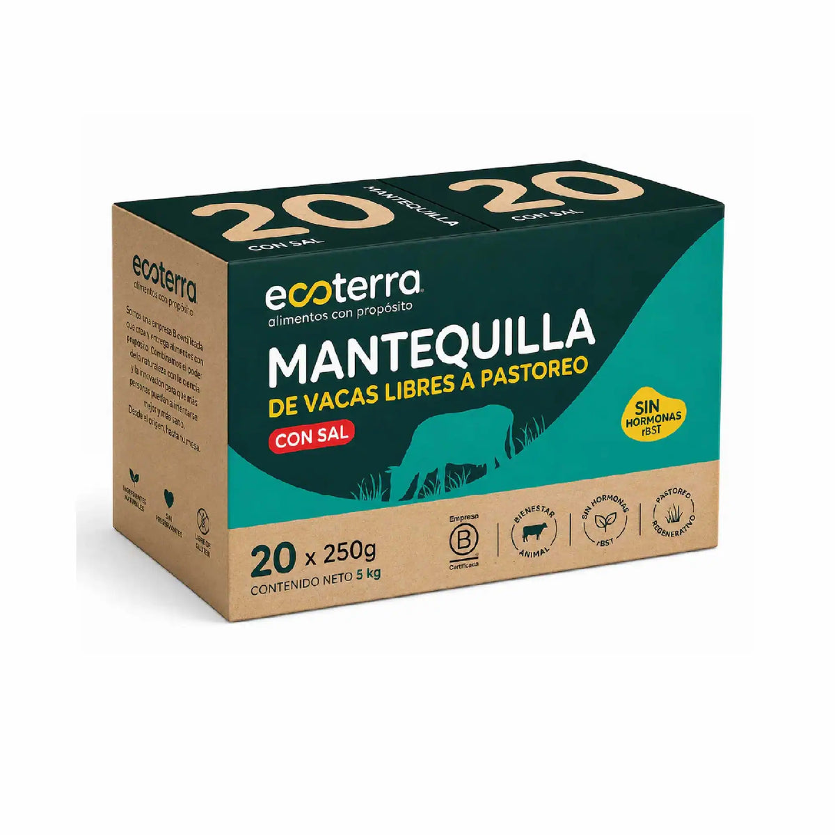 Caja máster de 20 unidades de 250g de Mantequilla Ecoterra de vacas libres a pastoreo con sal, formato mayorista de 5kg, sin hormonas rBST, con certificación Empresa B y sello de pastoreo regenerativo.