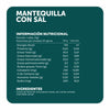 Tabla de información nutricional e ingredientes de la Mantequilla Ecoterra con sal de vacas libres a pastoreo en envase de 250g, destacando 0,6g de proteína, 55g de grasa saturada por cada 100g y crema de leche pasteurizada sin hormonas rBST.