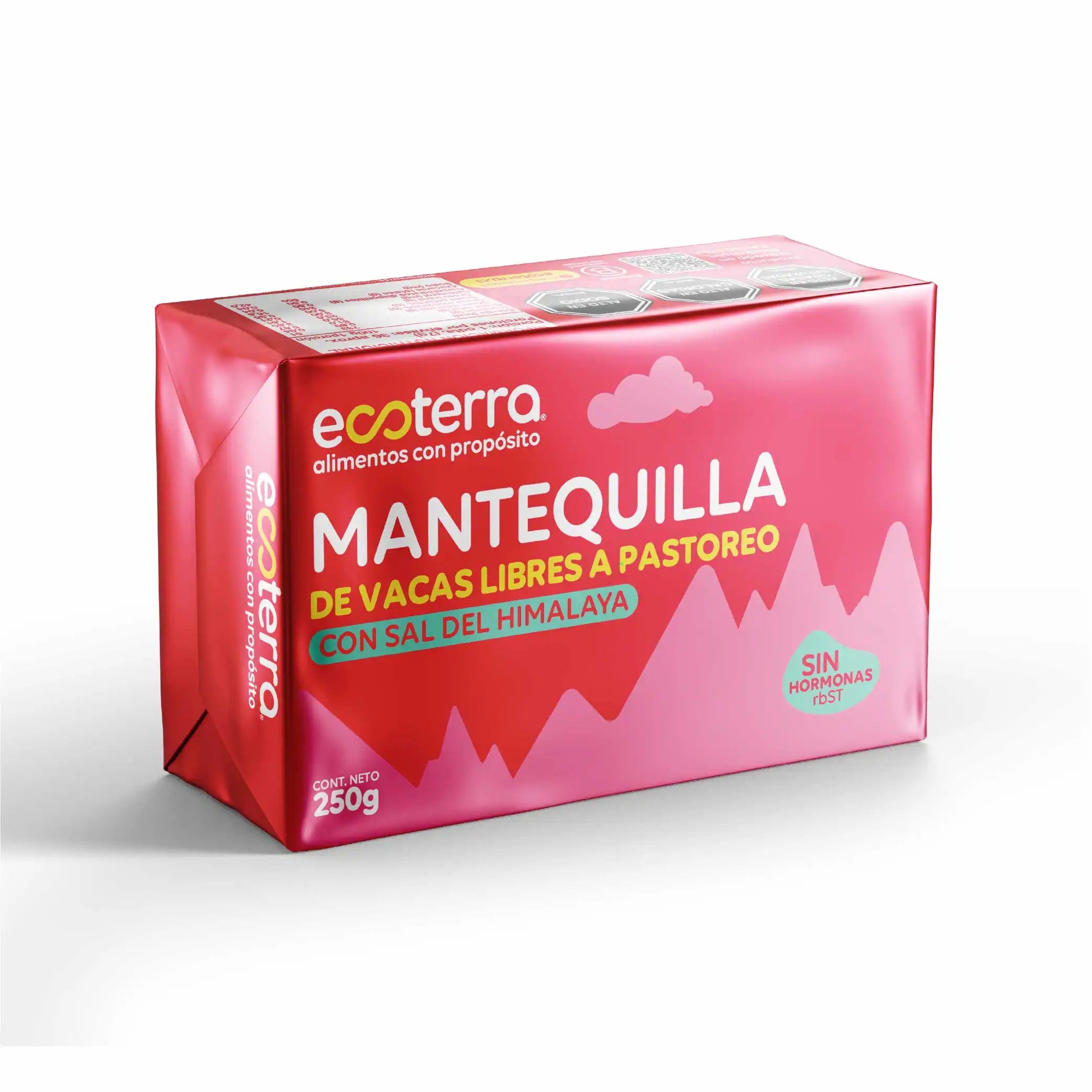 Barra de Mantequilla de vacas libres a pastoreo Ecoterra con sal del Himalaya de 250g, sin hormonas rBST, empaque rosado con certificación Empresa B.