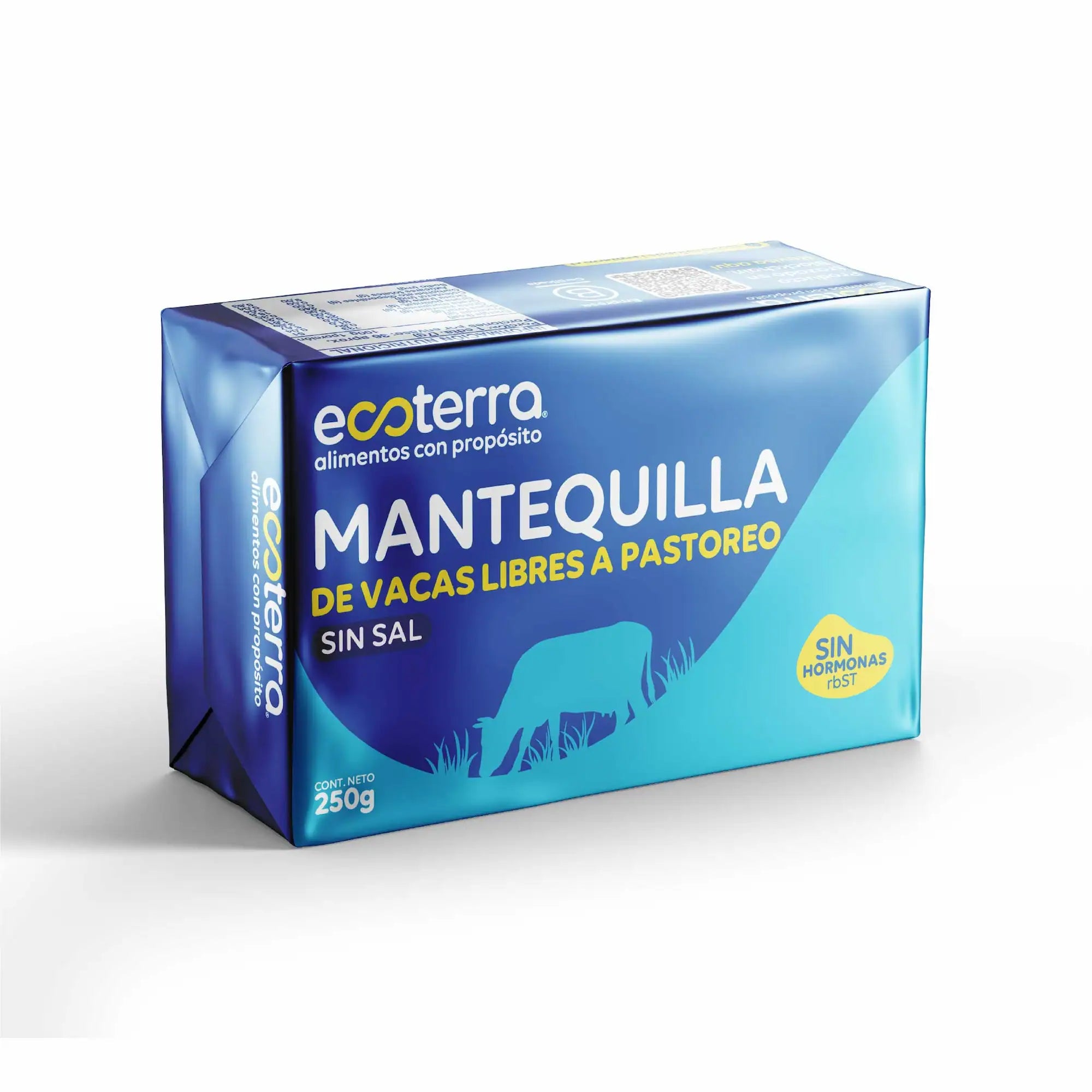 Barra de Mantequilla Ecoterra sin sal de 250g de vacas libres a pastoreo, sin hormonas rBST, en empaque azul marino y celeste con sello de certificación Empresa B.