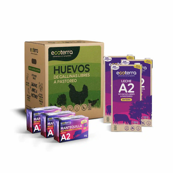 Pack Desayuno A2 Ecoterra con caja de 100 huevos de gallinas libres a pastoreo, 12 leches enteras A2 de 1L y 4 mantequillas A2 con sal de 250g, con sellos Certified Humane y B Corp.