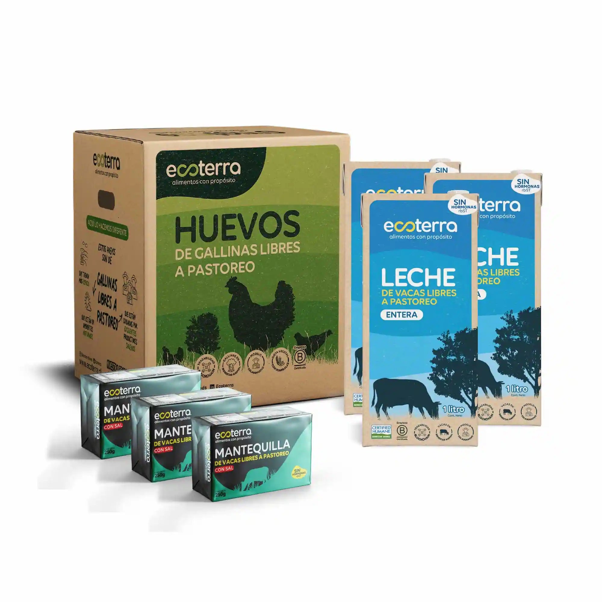 Pack Desayuno Clásico Ecoterra con caja de 100 huevos de gallinas libres a pastoreo, 12 leches enteras de 1L de vacas libres a pastoreo y 4 mantequillas con sal de 250g, con sellos B Corp y Certified Humane.