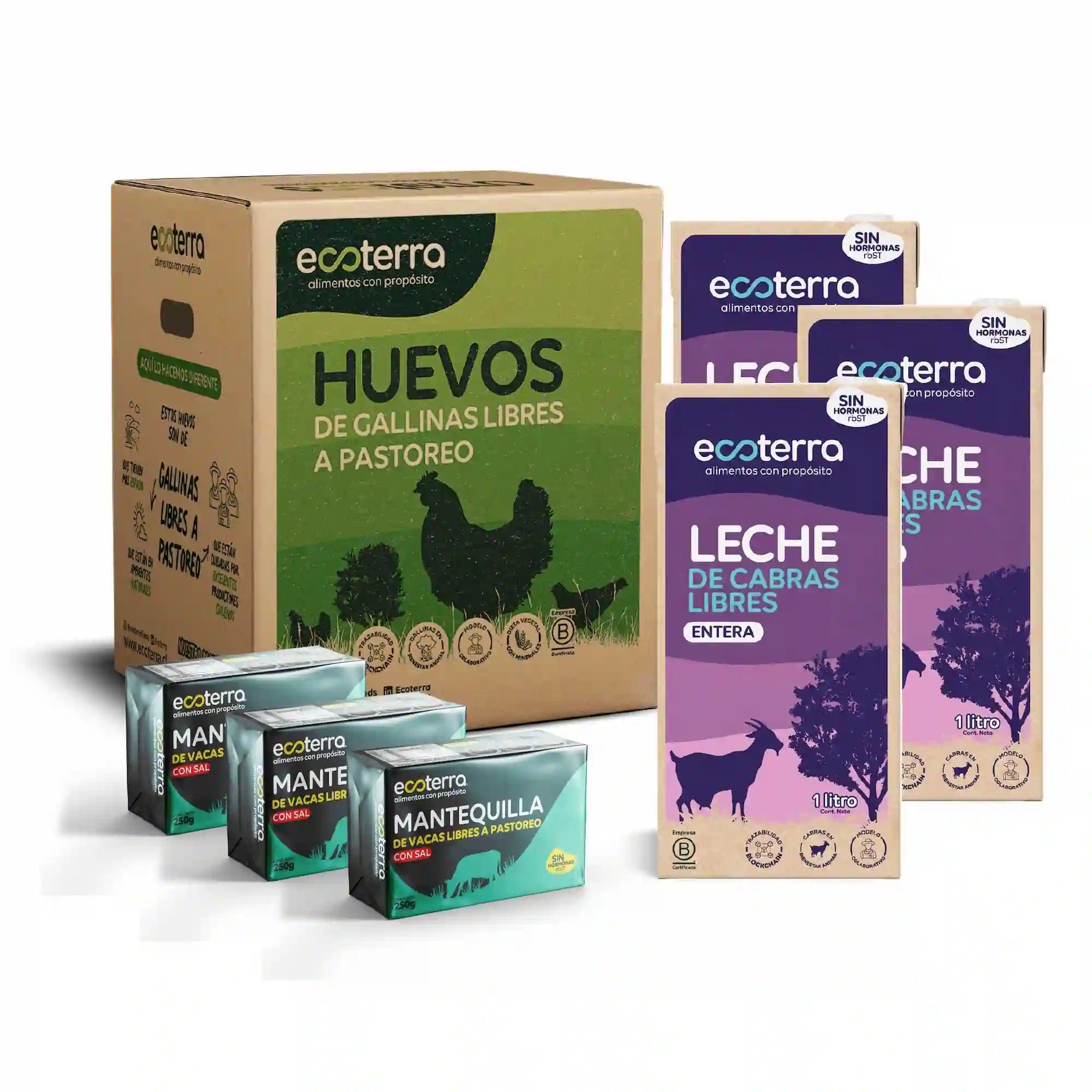 Pack Desayuno Ecoterra con caja de 100 huevos de gallinas libres a pastoreo, 12 envases de 1L de leche de cabra entera sin hormonas y 6 barras de mantequilla de vacas de libre pastoreo con sal de 250g