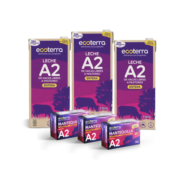 Pack A2 Ecoterra con 12 litros de Leche Entera A2 y 4 mantequillas con sal de 250g de vacas libres a pastoreo, ricas en proteína beta-caseína A2 y con certificación Certified Humane