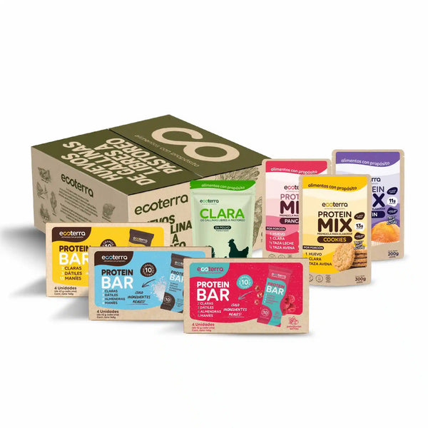 Pack Proteico Ecoterra con 60 huevos de gallinas libres a pastoreo, 3 claras de huevo en polvo, 10 Protein Mix Cookies, 10 Protein Mix Muffin, 10 Protein Mix Pancake, Protein Bar Chocolate Sal de Mar, Protein Bar Maní y Chocolate y Protein Bar Patagonian Berries.