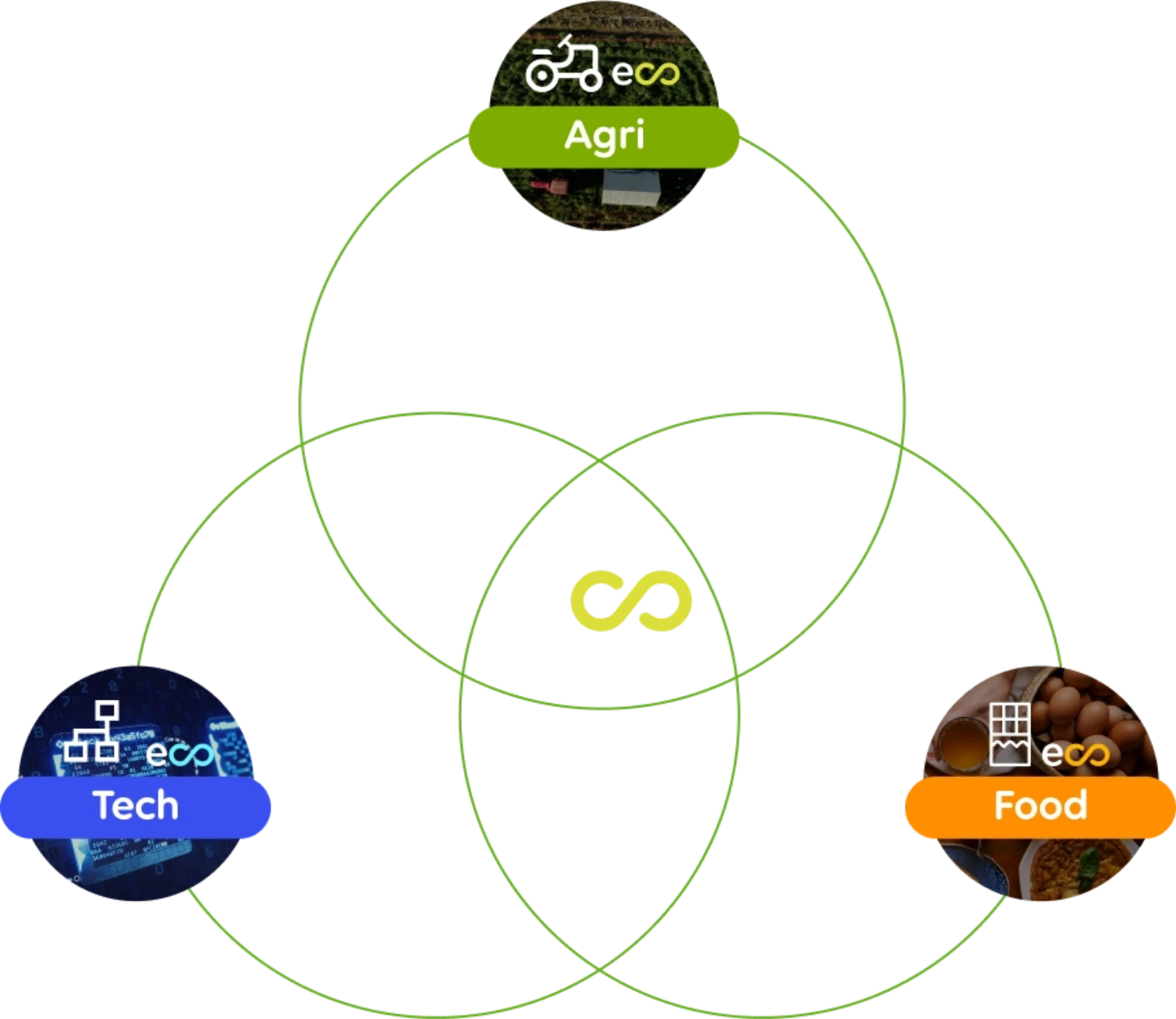 Diagrama de Venn con los tres pilares de innovación de Ecoterra: EcoAgri Lab para agricultura regenerativa, EcoFood Lab para ciencia alimentaria limpia y EcoTech Lab para trazabilidad blockchain.