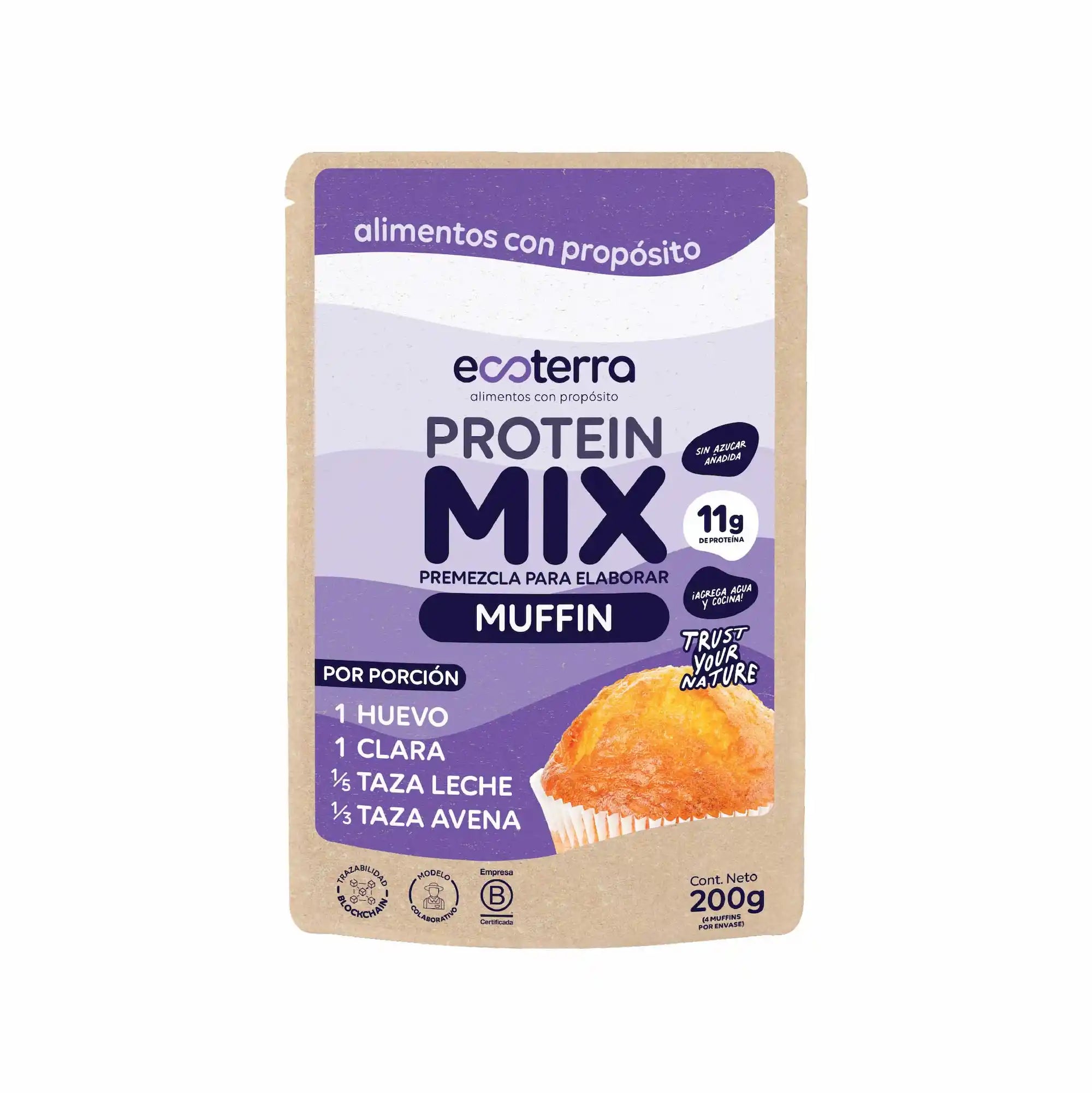 Premezcla de Muffin Proteico Ecoterra de 200g sin azúcar añadida con 11g de proteína por porción