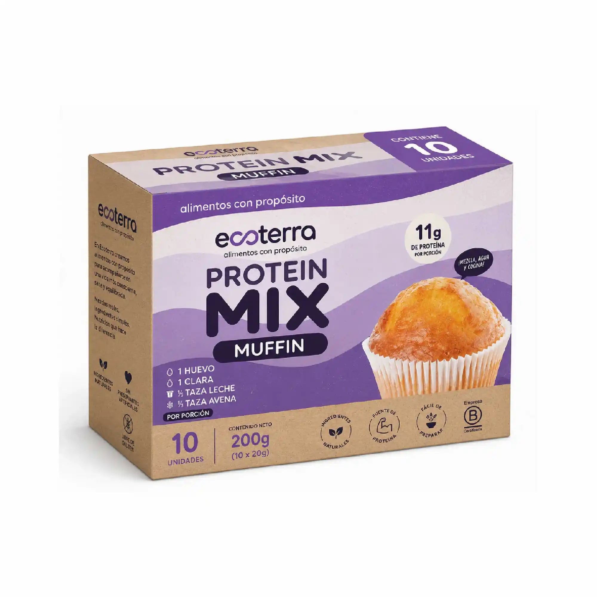 Caja de premezcla Protein Mix Muffin Ecoterra sin gluten de 10 unidades con 11g de proteína por porción y muffin horneado.
