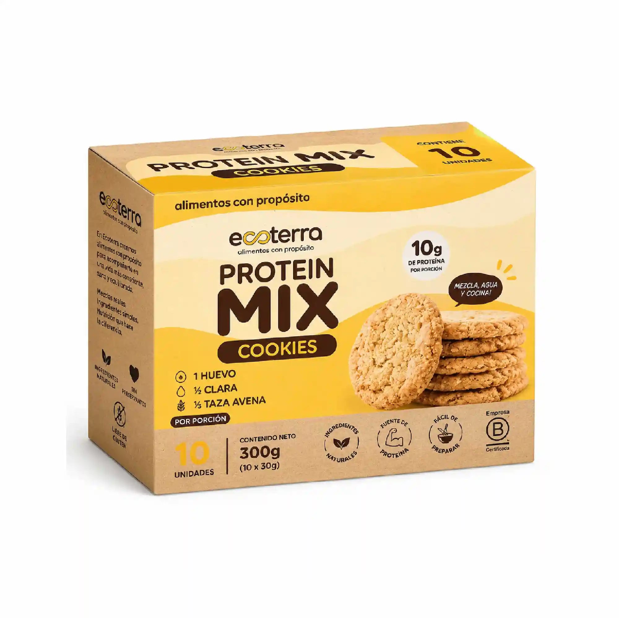 Caja de premezcla protein mix cookies ecoterra de 300g con 10 unidades que aportan 10g de proteína por porción hecha con ingredientes naturales