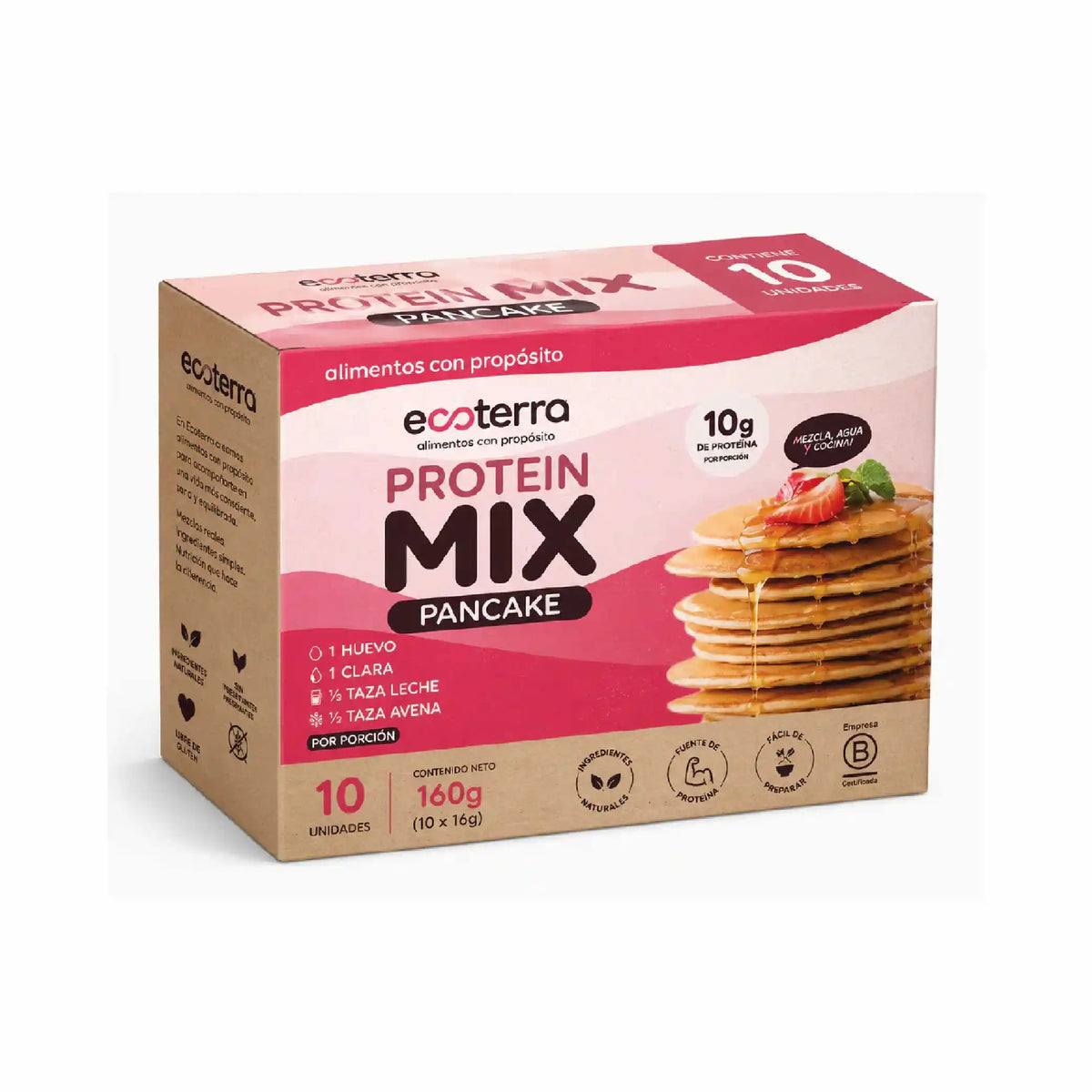 Caja de premezcla protein mix pancake ecoterra con 10g de proteína por porción rinde 10 unidades hecha con ingredientes naturales libre de gluten y sin preservantes