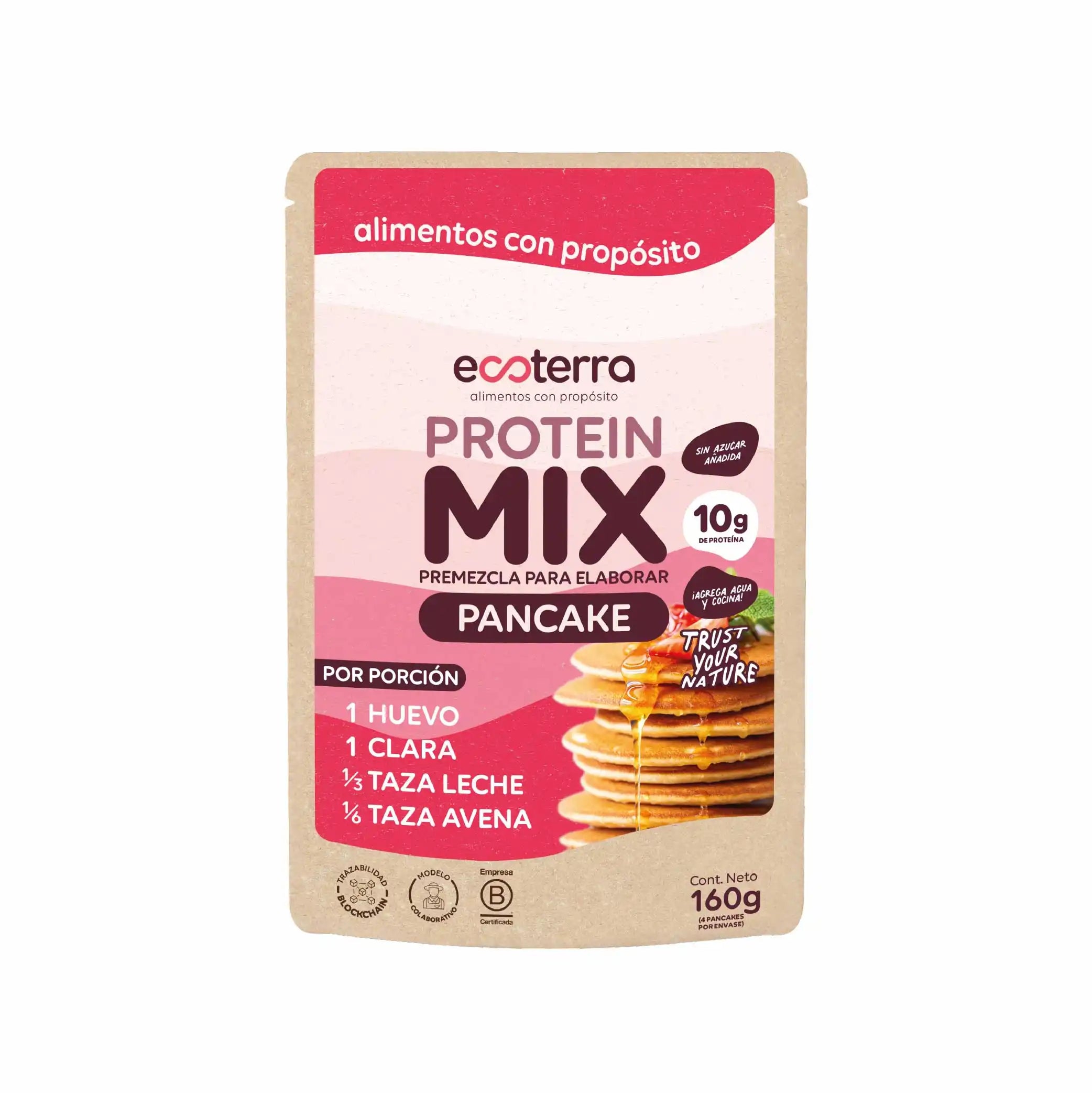 Sachet de premezcla protein mix pancake ecoterra de 160g con 10g de proteína por porción libre de gluten sin azúcar añadida y con trazabilidad blockchain
