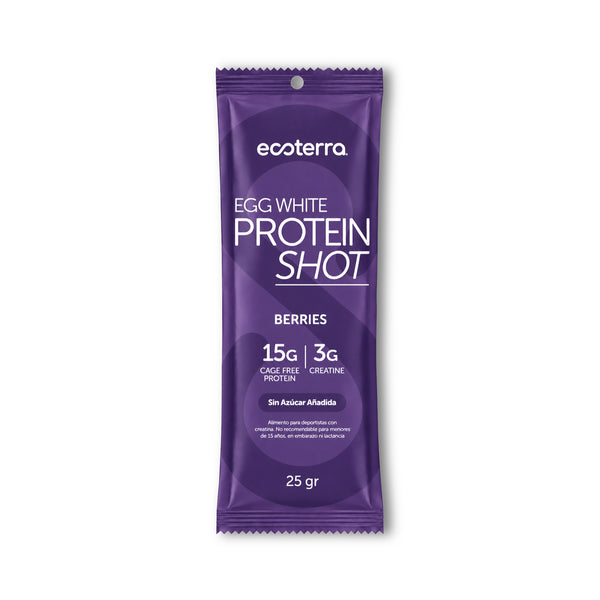 Egg White Protein Shot sabor Berries Ecoterra de 25 g, con 15 g de proteína y 3 g de creatina