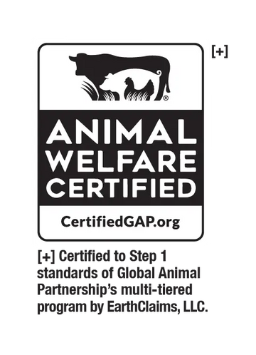 Sello de certificacion de bienestar animal Animal Welfare Certified Step 1 por Global Animal Partnership para productos de libre pastoreo Ecoterra
