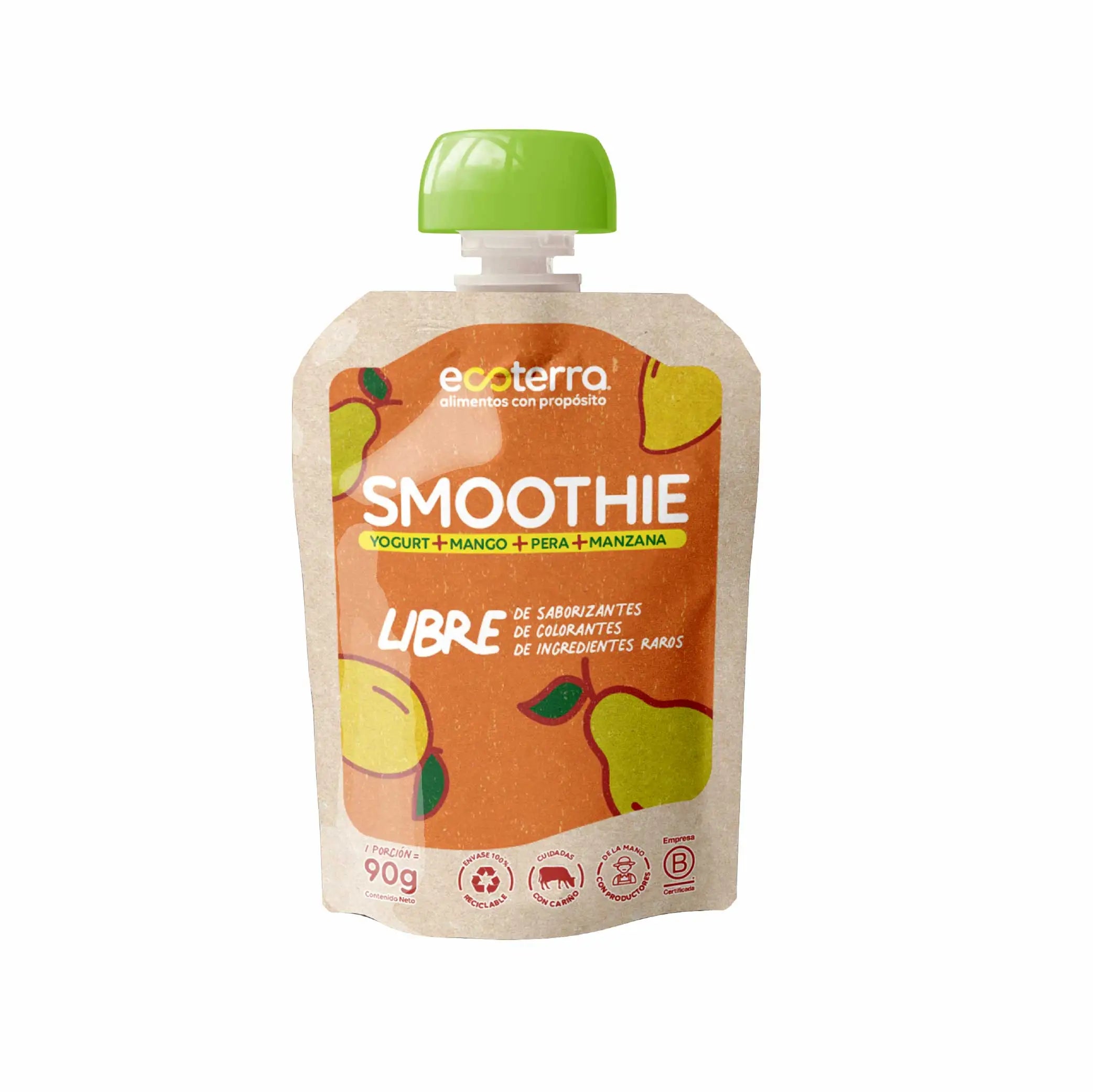 Smoothie de yogurt mango pera y manzana ecoterra de 90g con frutas naturales libre de colorantes preservantes e ingredientes artificiales